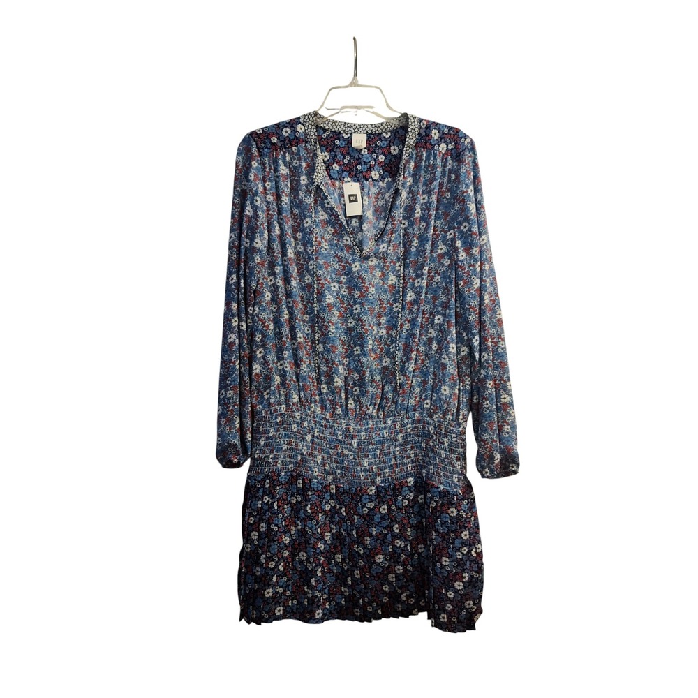 Women Gap M Dress Blue Floral Smocked Waist L Sleeve Pleated Hem NWT Spring 2017